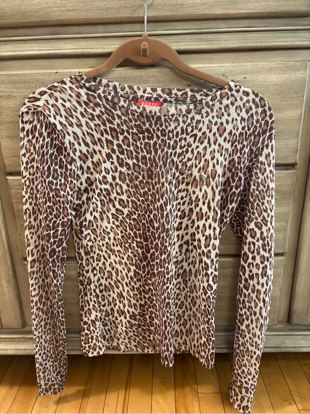 GUESS Leopard Print Mesh Long Sleeve Logo Top | Rhinestone Detail | Size Medium